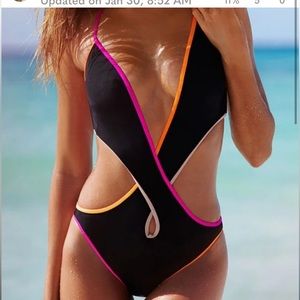 Victoria's Secret NEW Monokini Black One-Piece Pink Orange Contrast Trim Sz S
